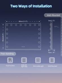 FENCHILIN 80cm X 58cm Vanity Mirror With RGB, Makeup Mirror With Lights, 18 Dimmable LED Light Bulbs Makeup Mirror, Wall/Tabletop Bedroom Mirror - White - View 7