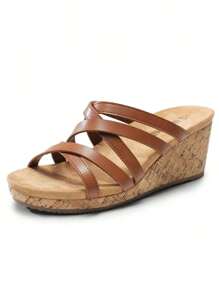 Women's Dressy Slip On Casual Comfort Cork Strappy Platform Slides Summer Wedge Sandals - 棕色 - 查看 3