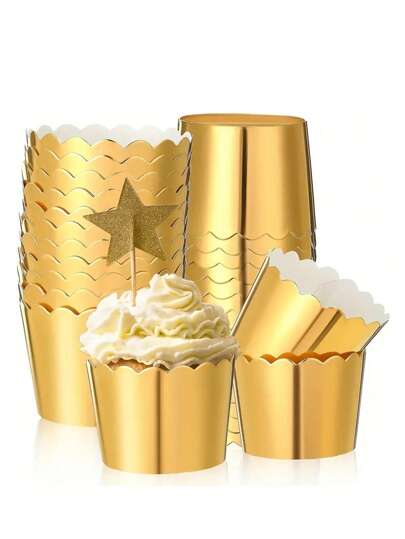 12pcs Thickened Lace Gold Foil Cupcake Baking Cups, Disposable Pudding & Dessert Container, Suitable For Bread, Pie, Cake, Picnic, Meal, Dessert, Suitable For Party, Gathering And Home Baking