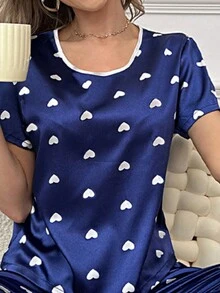 2 件女式心形印花睡衣套裝,短袖圓領上衣和鬆緊腰褲,家居服 - 藍色 - 查看 4