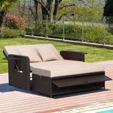 Patio Rattan Daybed Lounge Retractable Top Canopy Side Tables Cushions Beige - Beige - View 3
