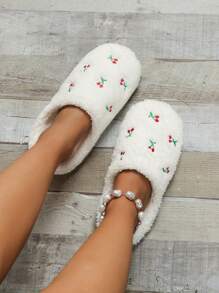 Fluffy Cherry Pattern Slippers - White - View 5