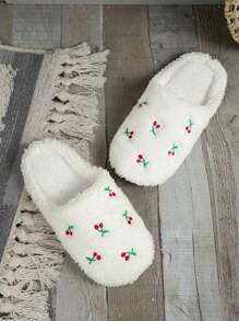 Fluffy Cherry Pattern Slippers - White - View 2