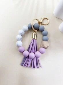 1pc Minimalist Beaded Keychain, Handmade Tassel Keyring, Women's Fashion Silicone Bead Wrist Lanyard - Marble Print Charm, Bag Accessory, Gift For Friends, Mom, Teachers - Multicolor - View 13