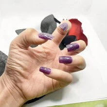 24pcs/Set Medium Long Full Cover Artificial Nails With Solid Color, Multi-Color Uv Gel & Glossy Finish For Women Press On Nails Nail Supplies - Purple - View 5