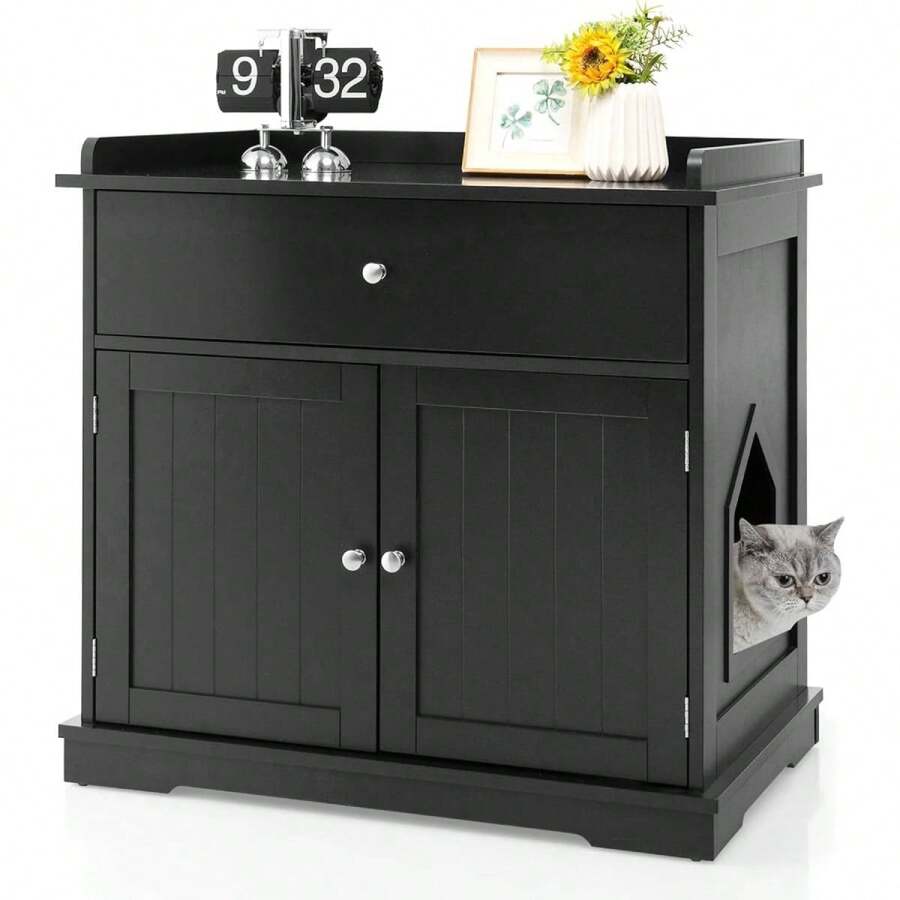 3 In 1 Cat Litter Box Enclosure, Cat Litter Box With Drawers, Double Doors And Cat Holes, Hidden Litter Box, Cat Litter Side Table For Living Room, Bedroom & Balcony (Black) - Black - View 1