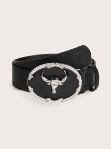 2pcs Western Cowboy Style Vintage Buckle PU Leather Belt, Versatile For Jeans, Unisex Black Lacquered Buckle With Random Distressing Summer, School Fall, Autumn, Halloween - Multicolor - View 4