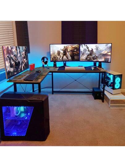 Shaped Desk, Computer 167 Cm Gaming Table, Corner Bureau Iron Hook, Office, Space Saving view 3