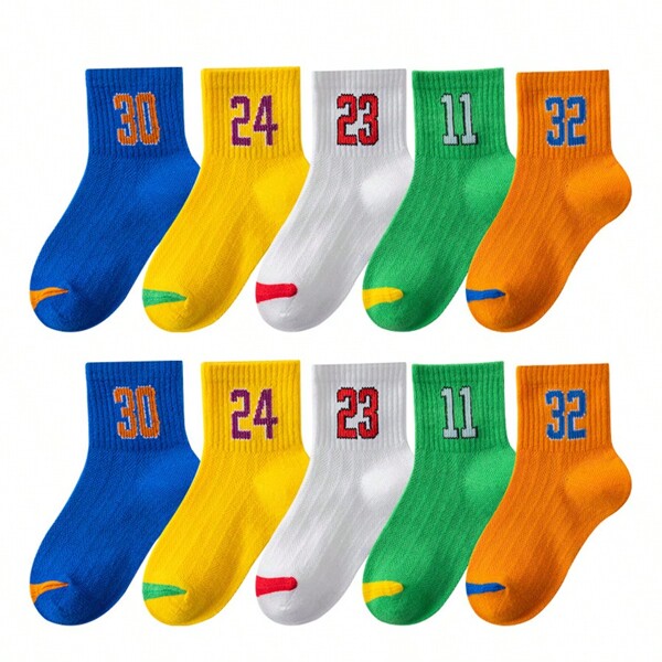 5 Pairs Kids Socks With Letter Print, Bright Color, Basketball Design, Breathable Mid-Calf Socks For Boys, Suitable For Daily Wear