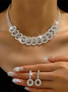yijiangbeiting 3入組婚禮季女士珠寶套裝,鑲嵌水鑽假珍珠耳環項鍊,二件套,新娘婚紗配件 - 白色 - 查看 5
