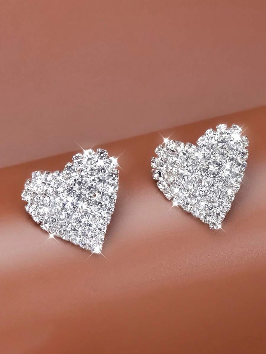 1 Coppia di orecchini di moda da donna decorati con strass a forma di cuore pieno, adatti per feste e uso quotidiano, San Valentino