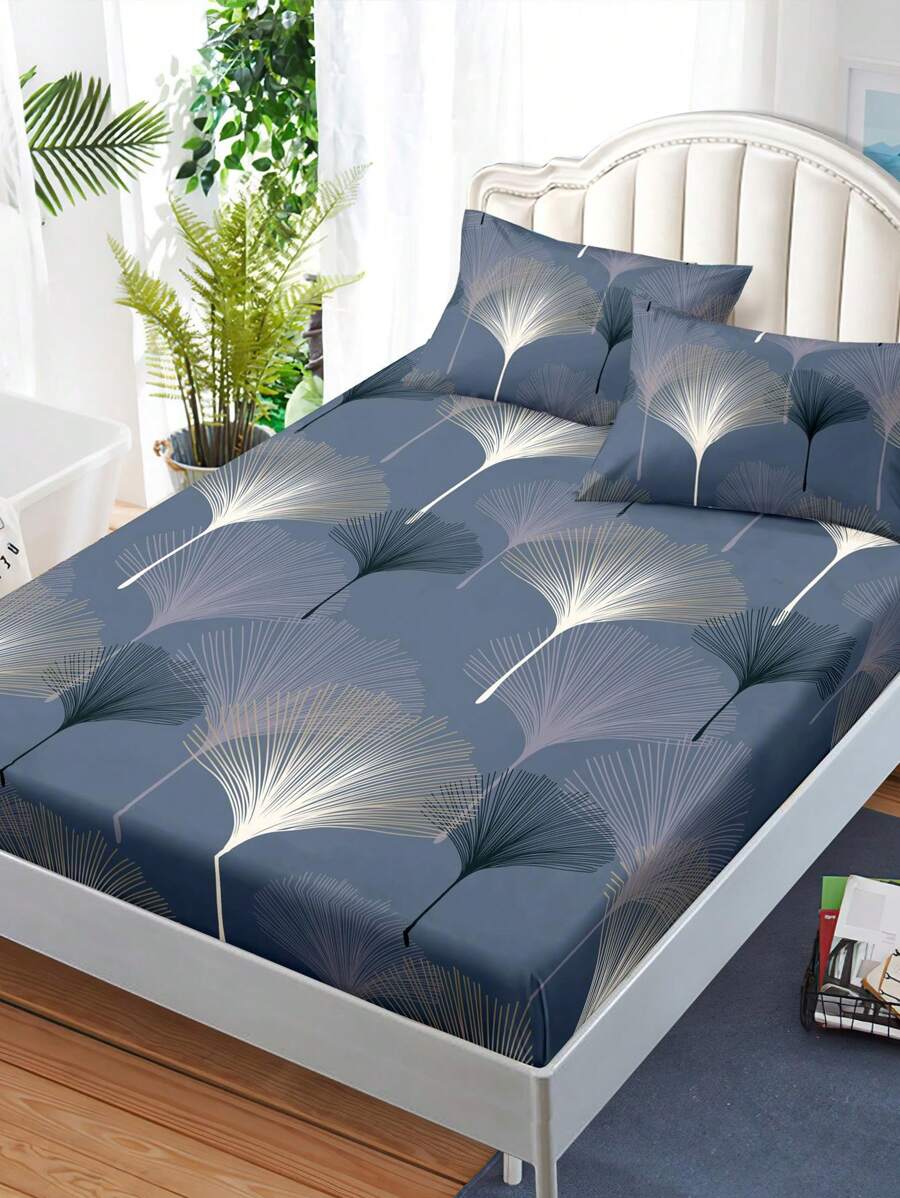 3入組/套銀杏葉圖案藍色床笠套裝1入組床笠和2入組枕套現代面料床笠套裝適合所有季節 - 深灰色 - 查看 1