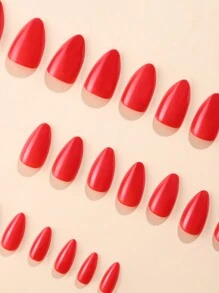 24片/套 短款杏仁形优质红色美甲贴纸，营造新年氛围，包含1个指甲锉和1瓶凝胶指甲油，美甲用品 - 紅色 - 查看 5