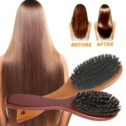 1pc Random Color Boar Bristle Brush Air Cushion Massage Hair Brush, Home Use Fluffy & Smoothing Scalp Massager Brush, Promotes Healthy Hair Growth