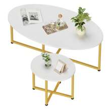 Furchen Couchtisch Oval, 2er Set, Wohnzimmertisch, Beistelltisch,für Wohnzimmertisch, Balkon,Weiß und Gold - Weiss - Übersicht 1