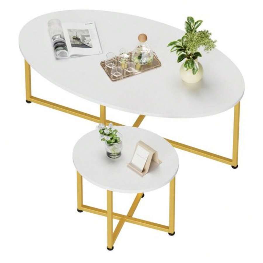 Furchen Couchtisch Oval, 2er Set, Wohnzimmertisch, Beistelltisch,für Wohnzimmertisch, Balkon,Weiß und Gold - Weiss - Übersicht 1