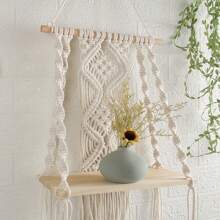 1個木質浮動搁架,編織繩掛牆搁板波西米亞風搖搖椅搁板陳列家居圖書植物儲物器組織器具,適用於客廳臥室辦公室