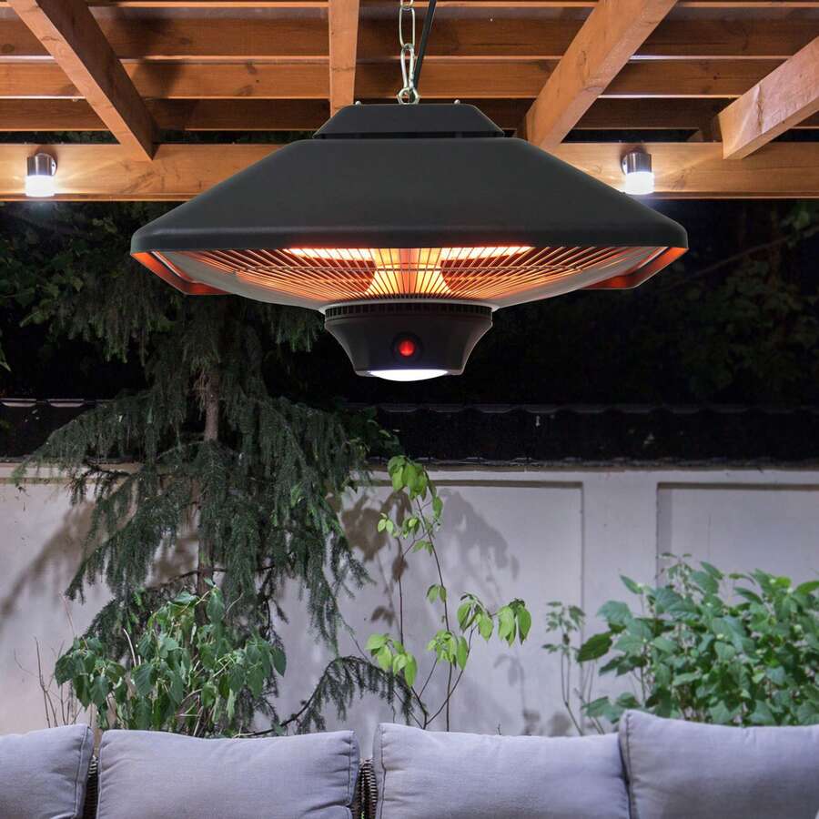 Outsunny Calefactor Exterior 1000/2000W Estufa Colgante de Techo Infrarrojos Radiante Halógeno con Control Remoto Luz LED para Interior y Exterior 43x43x25 cm Negro - Negro - Ver 1