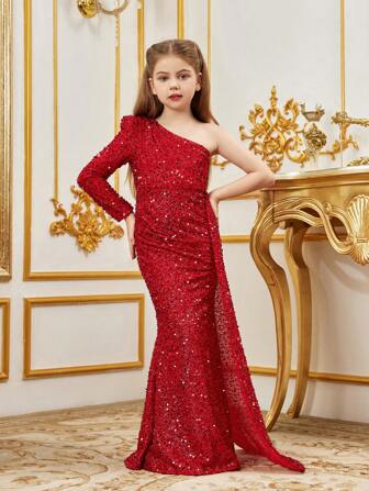 Vestido Formal Para Adolescente Con Un Hombro Y Mangas Largas Brillantes Y Cinturón