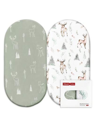GLLQUEN BABY Bassinet Sheets 2 Packs, Breathable Cozy Fitted Mattress Sheet, Elastic Travel Crib Fashionable Floral Pattern, Cradle Sheets For Baby Boy Girls 32"X16"(Reindeer), Oeko-Tex Certificated