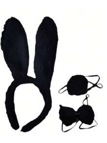 Kit 3 Peças Arco De Coelho Com Rabinho e Gravata Festa Fantasia Decoração - Preto - Visão 1