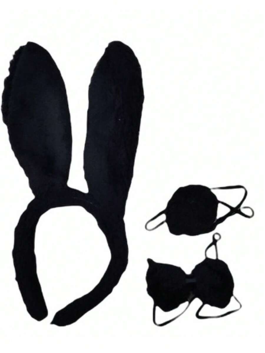 Kit 3 Peças Arco De Coelho Com Rabinho e Gravata Festa Fantasia Decoração - Preto - Visão 1