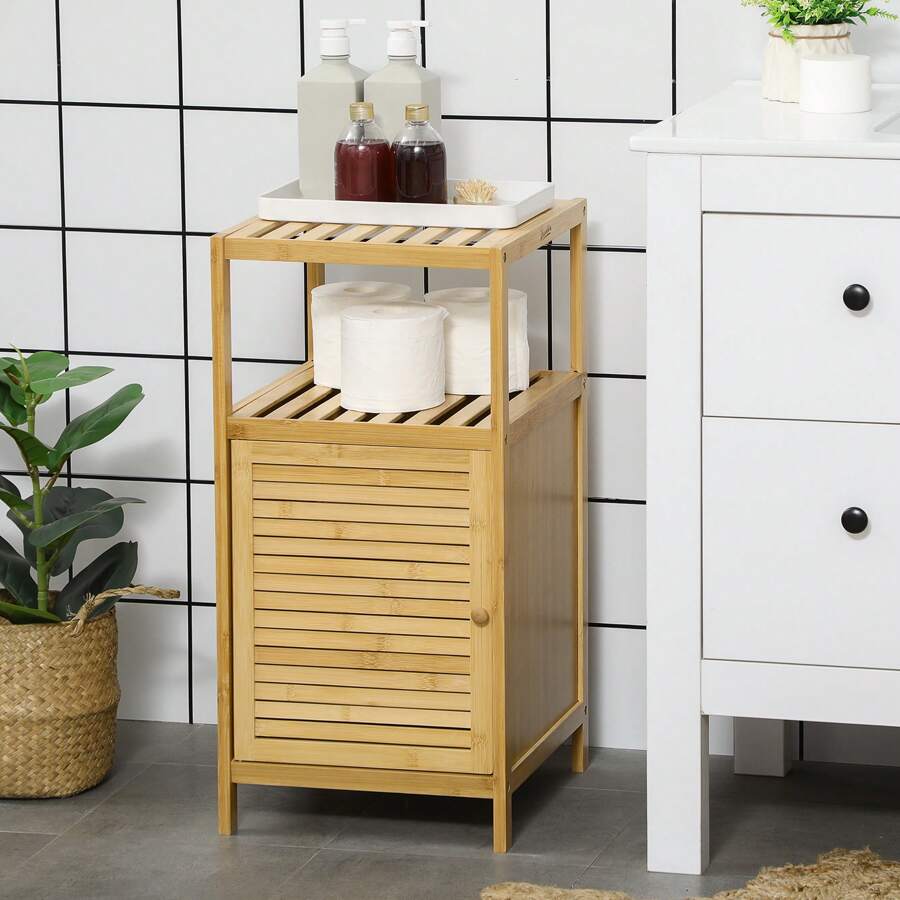 kleankin Estantería de Baño de Bambú Estantería de Almacenaje para Baño con 1 Puerta y Estante para Cocina Salón Dormitorio 33x36,5x67 cm Natural - Marrón - Ver 1