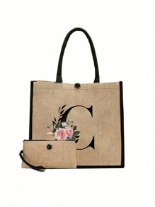 简约花朵字母印花亚麻手提包，简约旅行包，化妆包，大容量旅行手提包，圣诞节最佳教师礼物 - 卡其色 - 查看 27