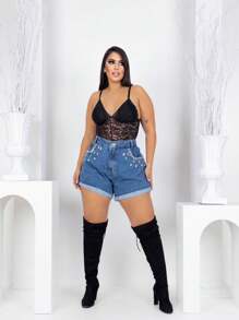 Plus Size Denim Shorts - 深色水洗藍 - 查看 1