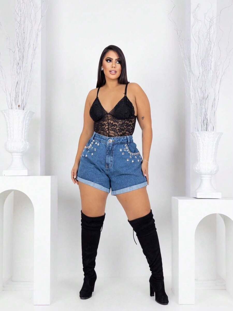 Plus Size Denim Shorts - 深色水洗藍 - 查看 1