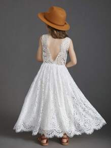 Tween Girls' Lace Open Back Dress For Flower Girl, Wedding Or Party - White - View 3