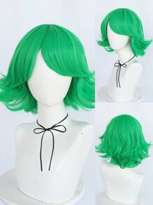 男女萬聖節cosplay派對綠色波浪中長髮假髮,中分和層次,機器織造14英寸合成髮自然顏色動漫角色拍攝及日常披頭巾配件 - 綠色 - 查看 1