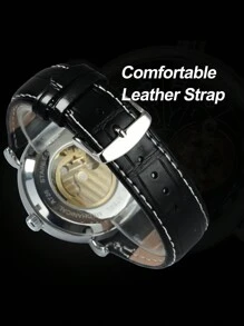 T-WINNER 1只男士時尚星座天文發光錶盤陀飛輪骨架自動機械錶,帶月相顯示窗,頂級品牌,黑色皮革表帶,商務休閒手錶,假日和生日禮物 - 銀色 - 查看 9