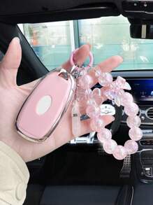 蝴蝶新式爆珠鏈與六角天然水晶吊墜,粉色防震汽車鑰匙套,適用於現代悅途/悅動/昂希諾/kona純電/索納塔 - 粉色 - 查看 3