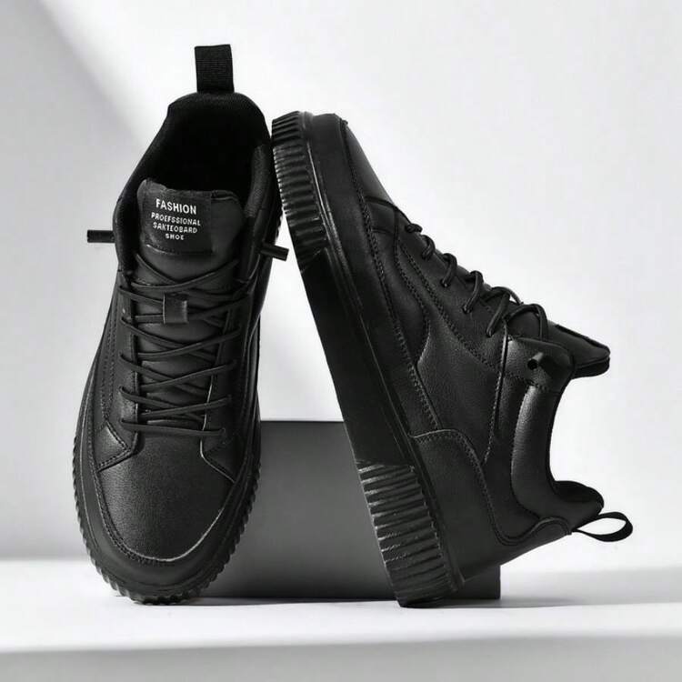 男款中筒厚底防滑時尚純色多用運動鞋,輕巧休閒運動步行鞋 - 黑色 - 查看 2