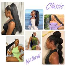Kinky Straight Ponytail Extension, Afro Curly Drawstring Ponytail 20 Inch Long Kinky Straight Ponytail Extension Synthetic Pony Tails Hair Extensions - Black - View 8