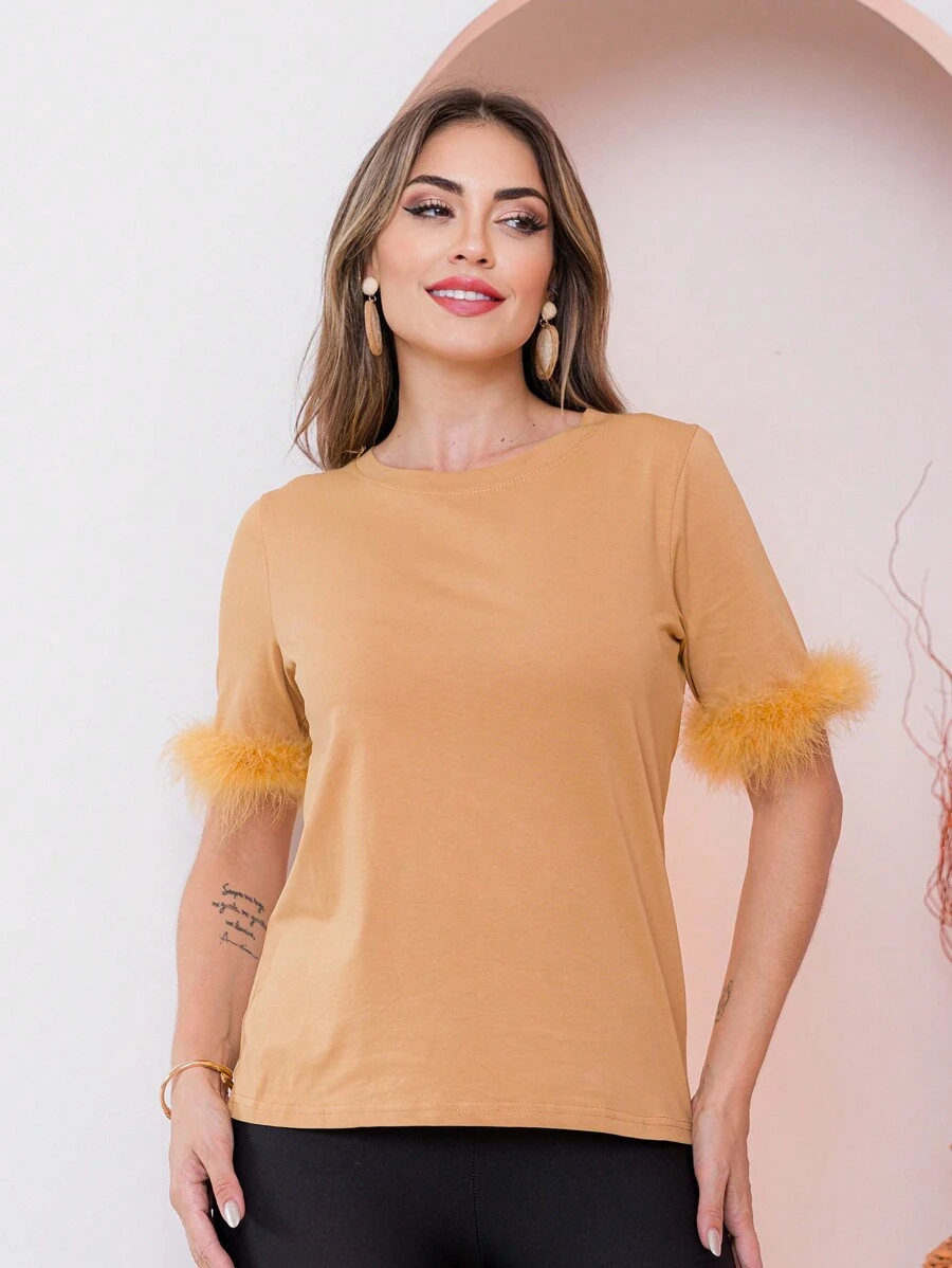 Blusa plumas feminina outono inverno - Amarelo - Visão 1