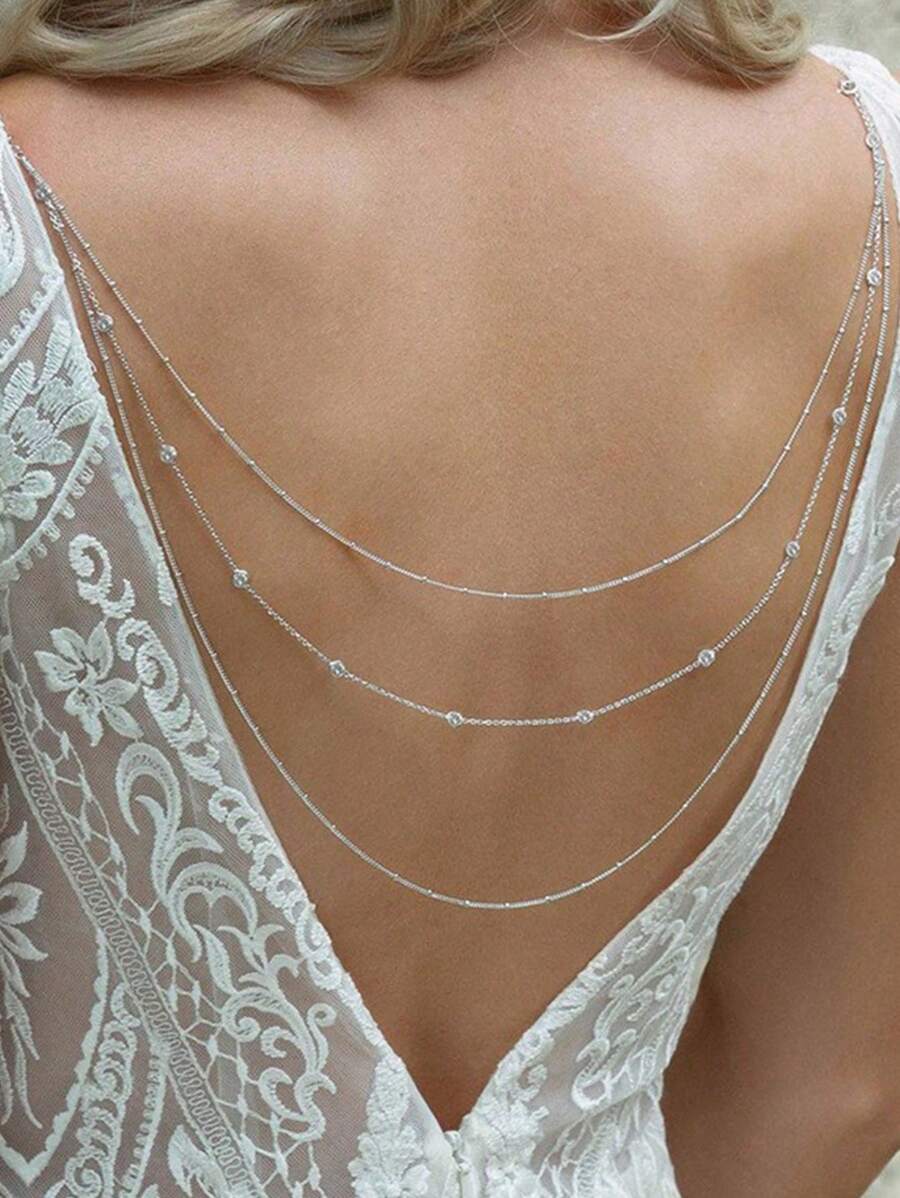 STONEFANS 1pc Simple Multi-Layered Chain Circular Rhinestone Back Chain, Bride Wedding Accessory
