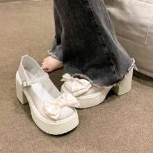 女性新款春夏法式瑪莉珍鞋- 厚底、蝴蝶結細節、厚跟高跟- 裙子的絕佳搭配 - 米色 - 查看 3