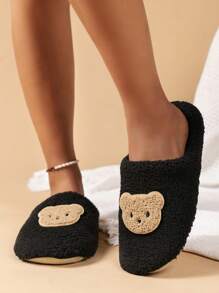 Bear Patch Decor Fuzzy Bedroom Slippers - Black - View 4
