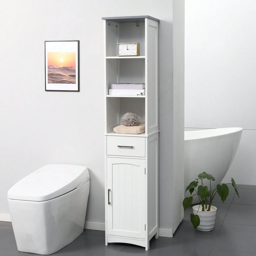Kleankin Tall Bathroom Storage Cabinet With 3 Tier Shelf, Cupboard, Drawer, Door, Freestanding Linen Tower, Slim Side Organizer, White - 白色 - 查看 1