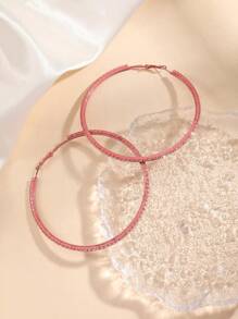 極簡主義鑲嵌鑽石大環耳環女士款,時尚優雅幾何圓形垂墜耳環 - 粉色 - 查看 2