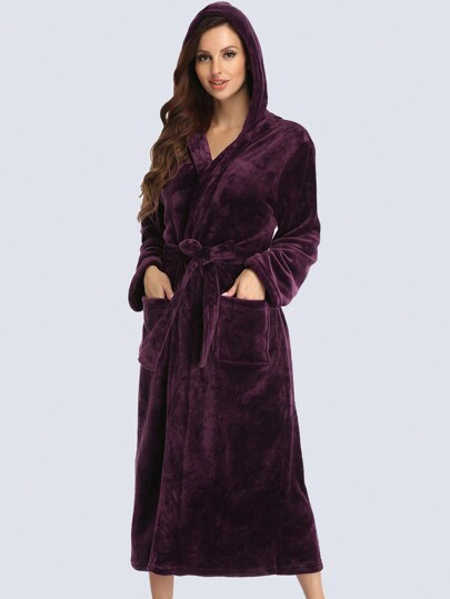 One-Piece Of Simple Solid Color Women's Autumn And Winter Thickened Flannel Warm Hooded Robe Suitable For Home Use, For Fall Winter, Fluffy