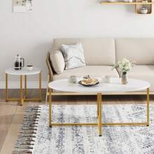 Furchen Couchtisch Oval, 2er Set, Wohnzimmertisch, Beistelltisch,für Wohnzimmertisch, Balkon,Weiß und Gold - Weiss - Übersicht 2