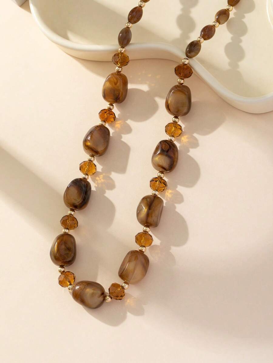 Bohemian Style Shimmering Dual Tone Effect Khaki Long Necklace - Coffee - View 1