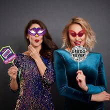 25 件 70 年代照片亭道具、迪斯科照片亭套件、20 世纪 70 年代迪斯科复古派对主题照片亭道具（带木棍），适用于嬉皮派对、迪斯科狂热派对、派对用品 - 黑色 - 查看 5