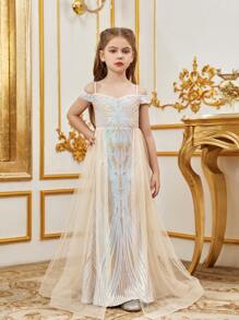 Tween Girl Hollow Out Shoulder & Mesh Splice Glitter Prom Dress - Apricot - View 4
