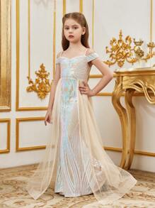 Tween Girl Hollow Out Shoulder & Mesh Splice Glitter Prom Dress - Apricot - View 5