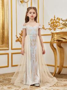 Tween Girl Hollow Out Shoulder & Mesh Splice Glitter Prom Dress - Apricot - View 1