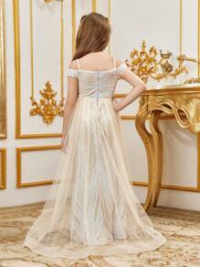 Tween Girl Hollow Out Shoulder & Mesh Splice Glitter Prom Dress - Apricot - View 2